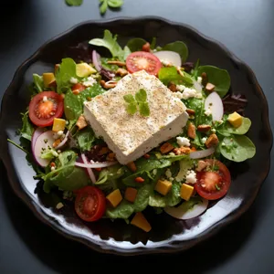Fresh vegetable salad with grilled meat and cheese