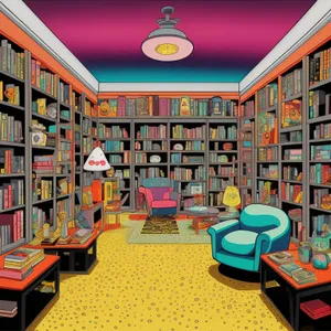 Bookstore interior with colorful bookshelves in library.