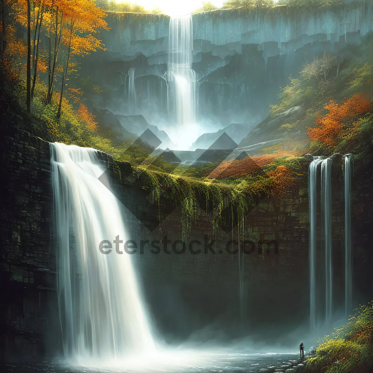 Picture of Serene Flowing Waterfall in Forest Landscape