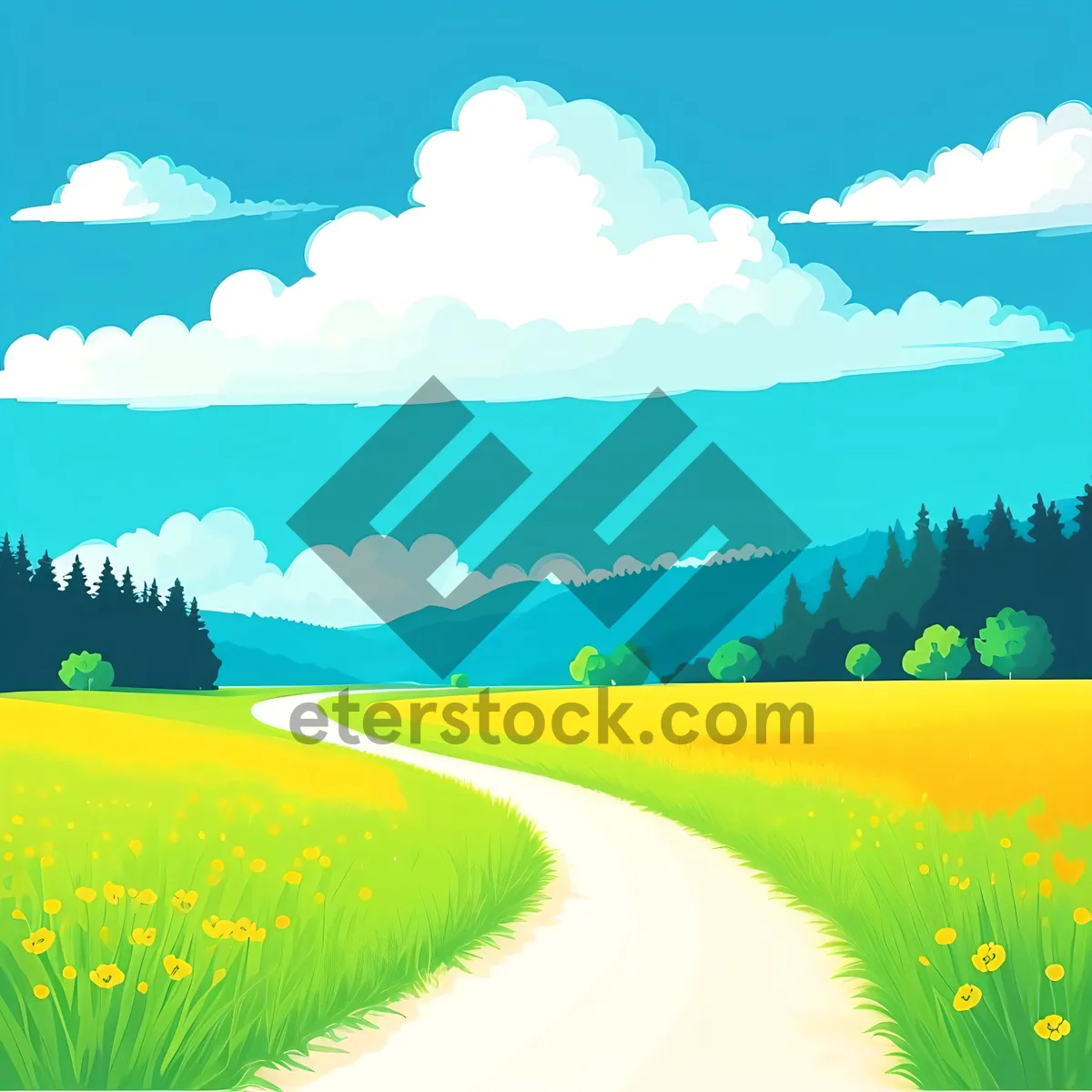 Picture of Serene countryside landscape with lush meadow and blue sky