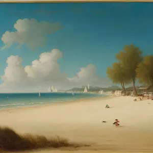 Serene Coastal Sunset: Blissful Waves Embrace Palm-lined Beaches