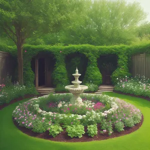 Serene Summer Park with Tree and Fountain