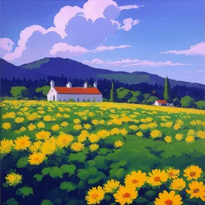 Vibrant Summer Landscape with Sunflowers and Tulips