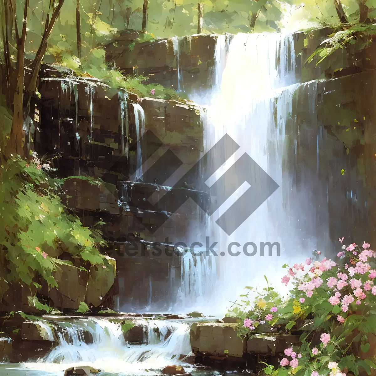 Picture of Serene Forest Waterfall Flowing Through Rocky Landscape