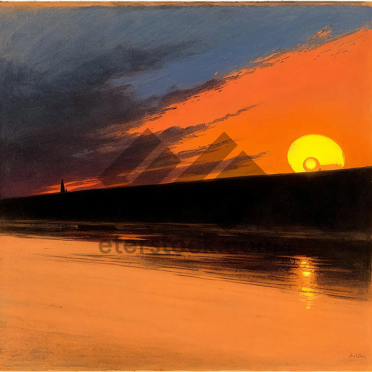 Picture of Golden Horizon over Ocean's Serene Beach"
or 
"Tropical Sunset on Beach with Reflecting Waves