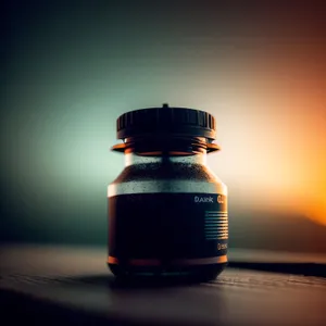 Glass medicine bottle filled with healthy liquid near shoreline