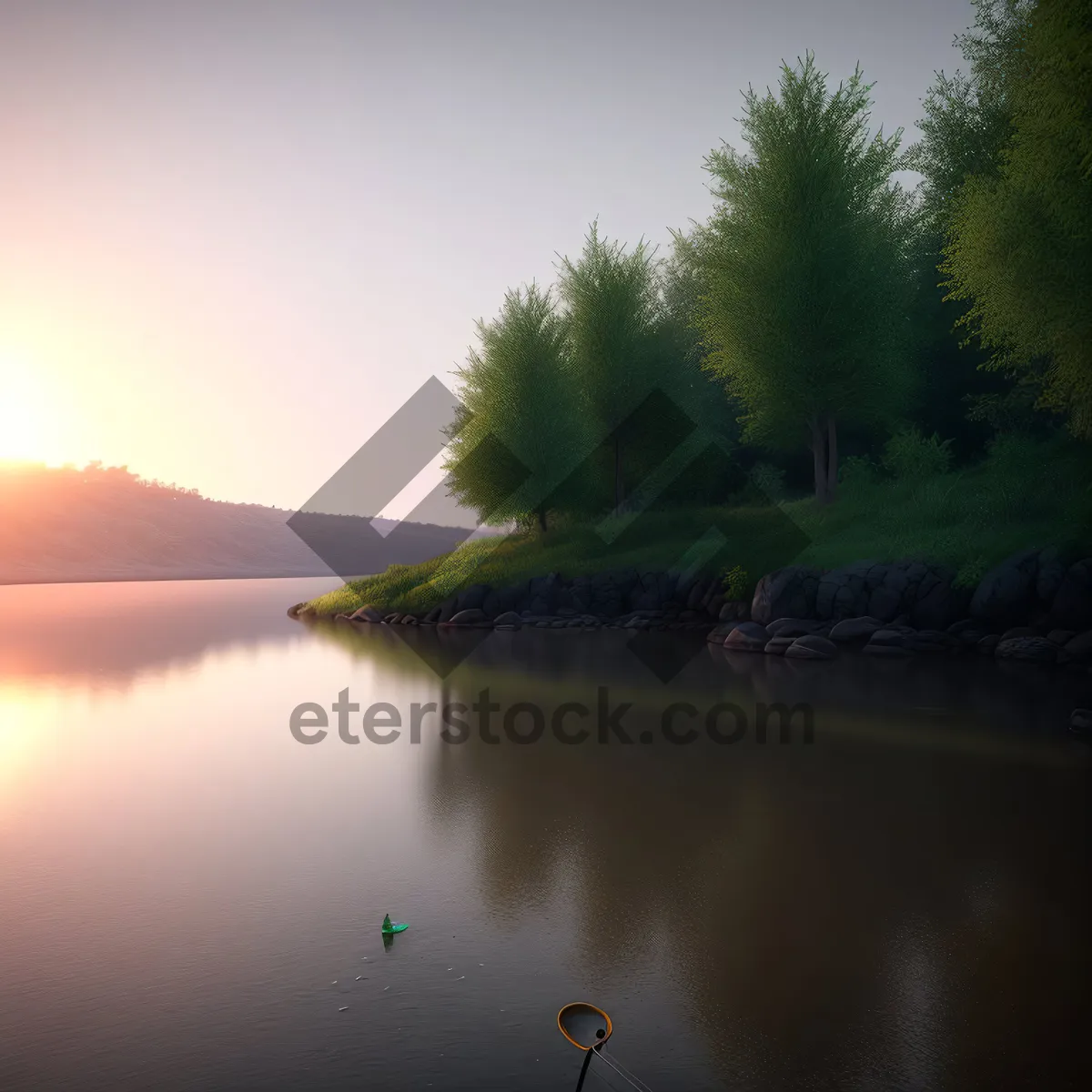 Picture of Serene Lakeside Sunset Reflection on Tree-Lined Waters