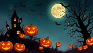 Dark Pumpkin Cemetery Night Cartoon Illustration