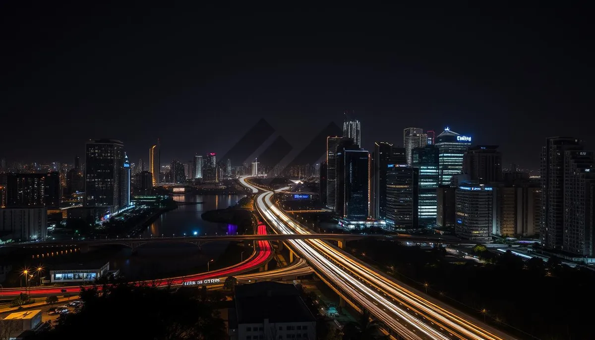 Picture of Modern city skyline at night with light trails