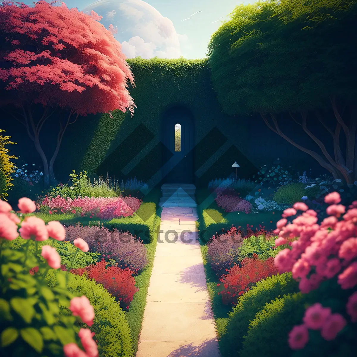 Picture of Blossoming Garden with Colorful Flowers and Fruitful Tree