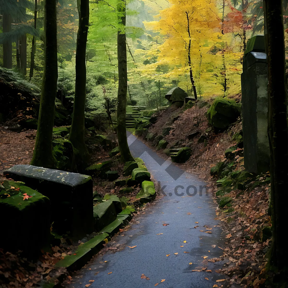 Picture of Serene Forestscape with Park Bench and Trees