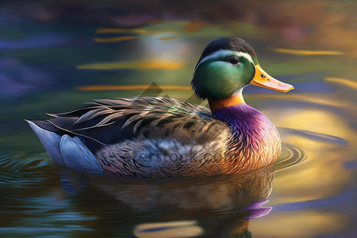 Picture of Drake Mallard Duck Swimming Gracefully on Lake