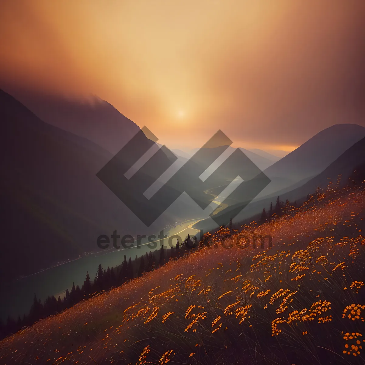 Picture of Serene Sunset Over Majestic Mountains