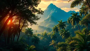 Tropical sunset over tranquil beach with palm trees.