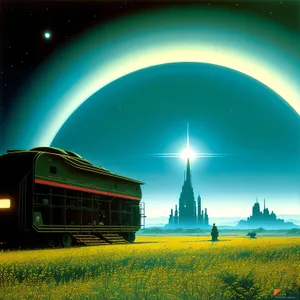 Vibrant sunset over rural meadow and fields
