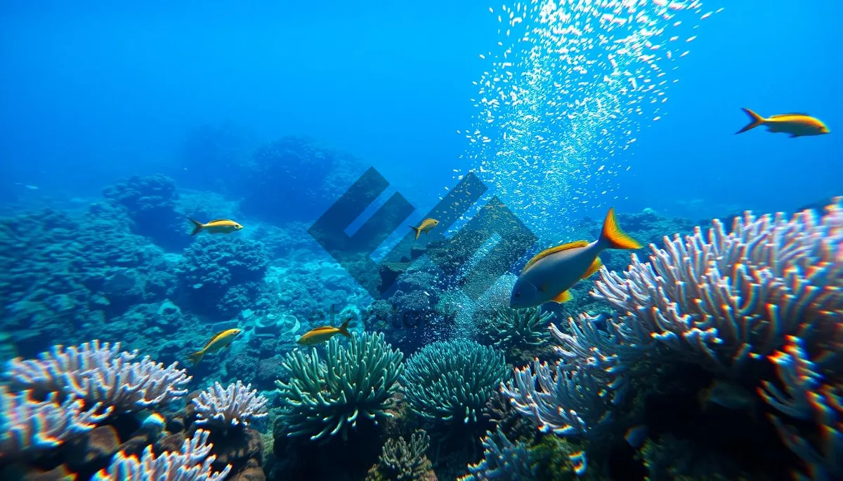 Picture of Colorful tropical fish swimming in bright sunlight underwater reef