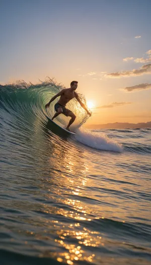 Holiday Surfer Silhouette at Sunset on Tropical Beach