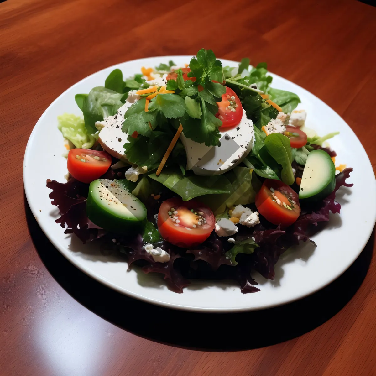 Picture of Gourmet salad with fresh vegetables and cheese plate.