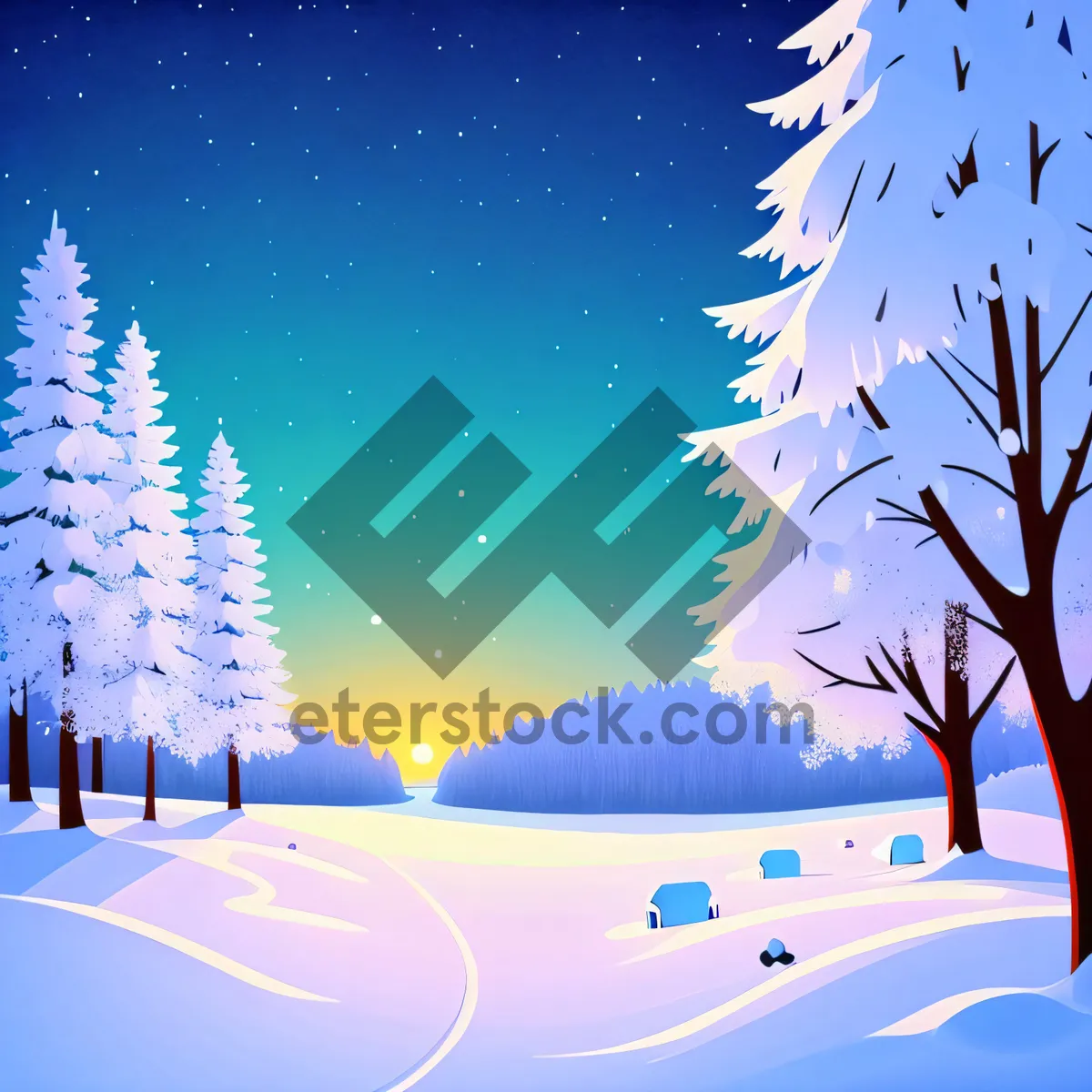 Picture of Snowy Winter Wonderland with Evergreen and Twinkling Stars