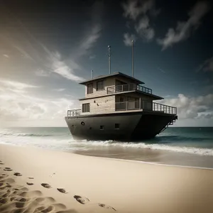 Sunset Serenity: Tranquil shipwreck amidst coastal waters.