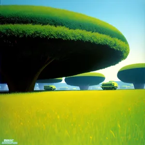 Rural Sunset Over Meadow with Airship