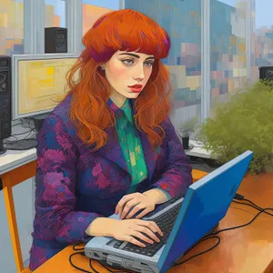 Happy businesswoman working on laptop in office smile portrait