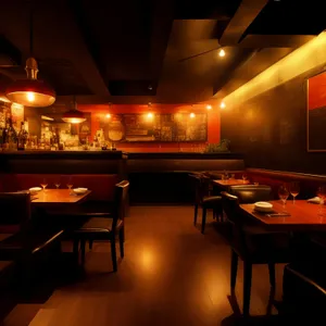 Modern restaurant interior with wooden furniture and ambient lighting.