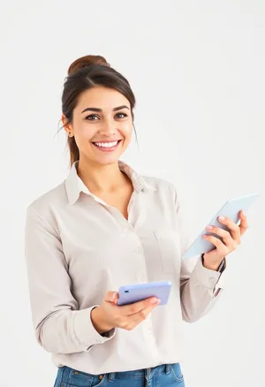 Cheerful businesswoman with laptop in office smiling confidently