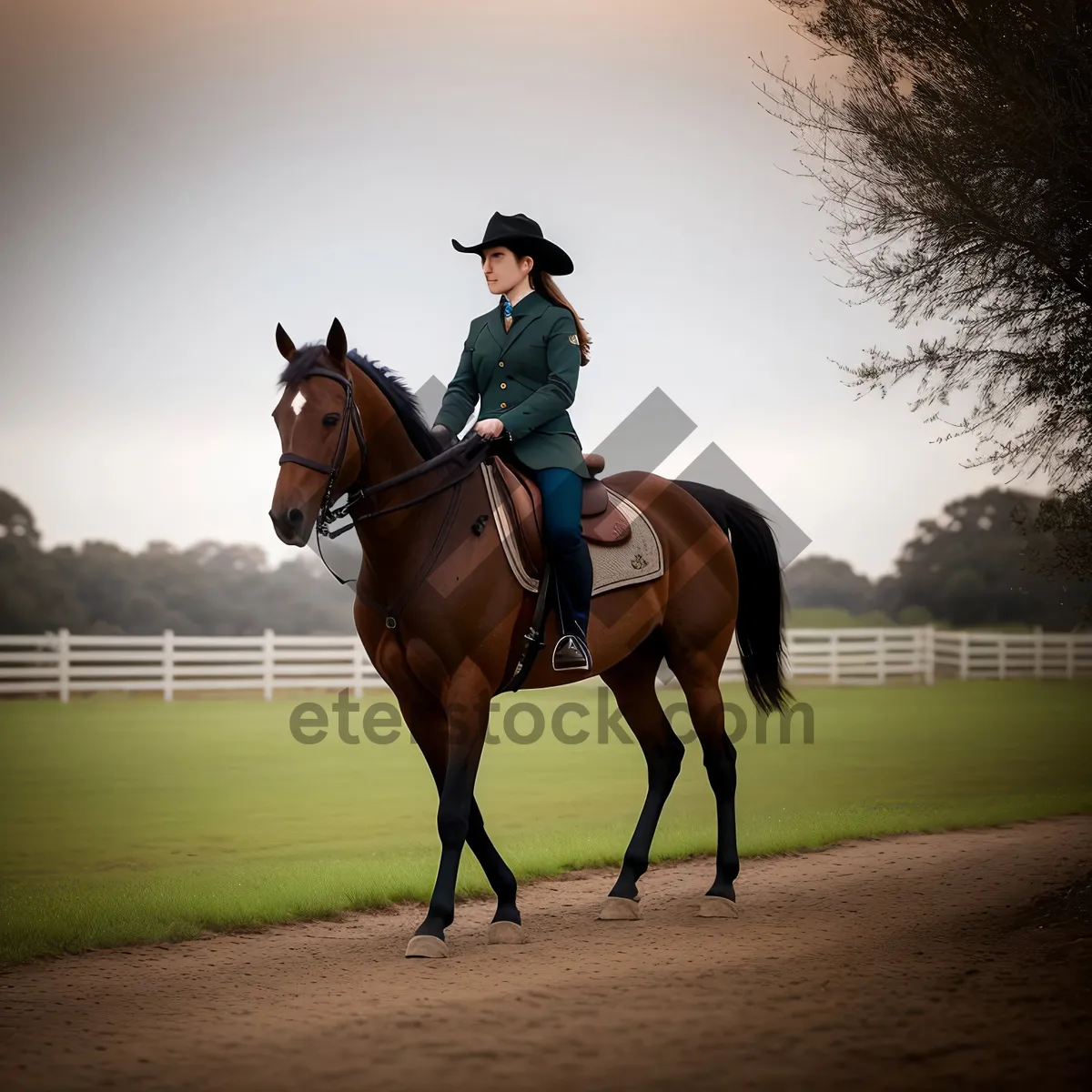 Picture of Brown Thoroughbred Rider with Leather Rein on Horseback