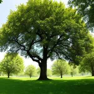 Linden trees in lush countryside park