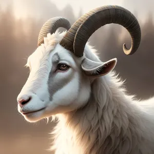 Wild Ram Grazing on Farm with Majestic Horns