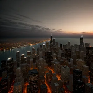 Metropolis at Dusk: Urban Skyline Glowing with Financial District Lights