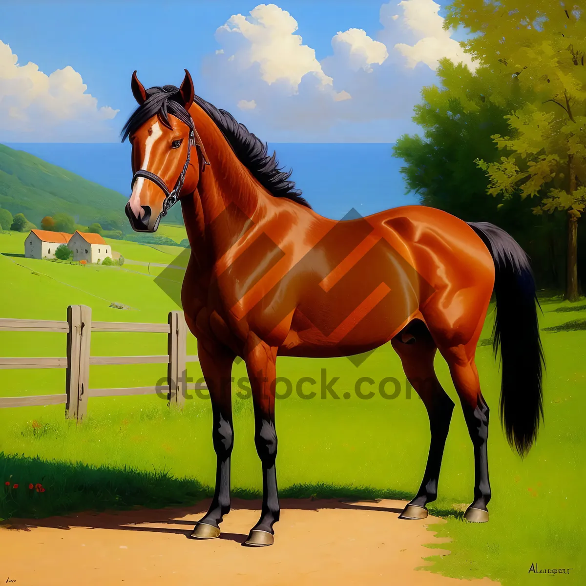 Picture of Brown Thoroughbred Horse Grazing in Rural Meadow.