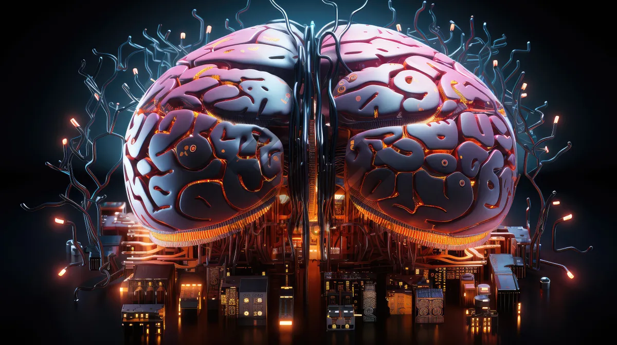 Picture of Sci-fi concept. The central computer processor in the form of an artificial brain microchip as the main element of the artificial intelligence system is installed on the motherboard of the supercomputer