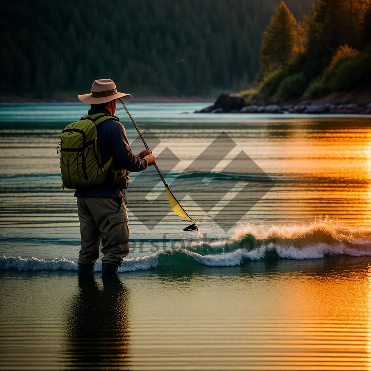 Picture of Man fishing with paddle oar on tranquil lake