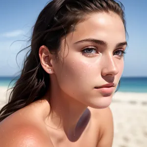 Stunning Brunette Bikini Model Relaxing on Tropical Beach