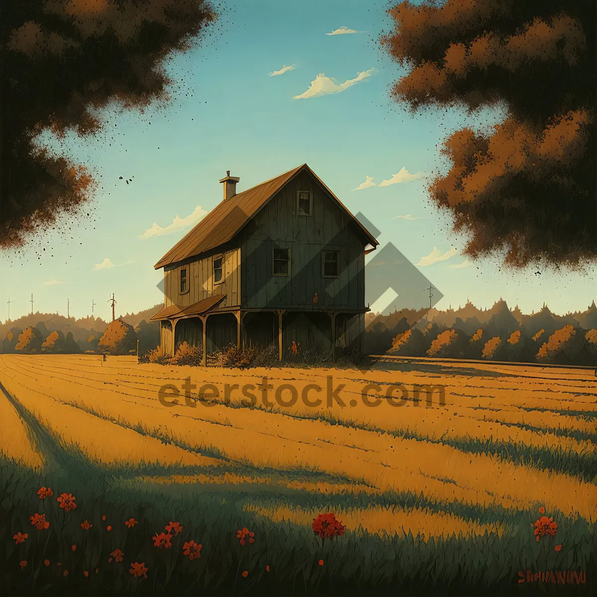 Picture of Historic country barn in rural landscape under summer sky