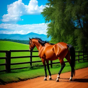 Thoroughbred Stallion Grazing in Rural Pasture