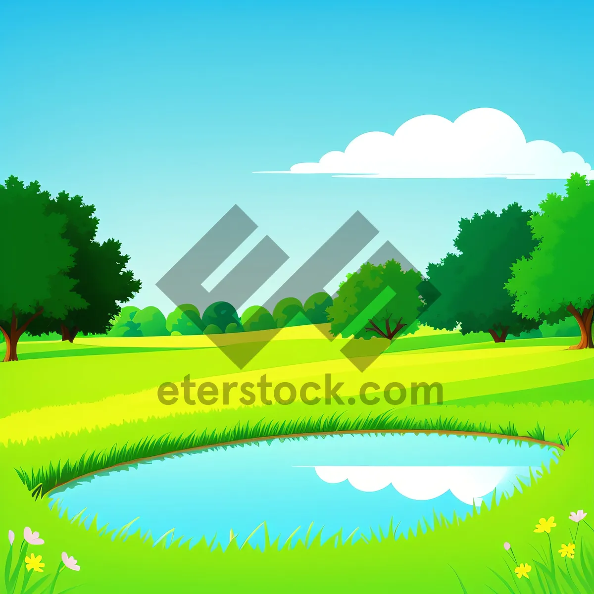 Picture of Idyllic Rural Landscape with Rolling Green Meadows and Clear Blue Sky
