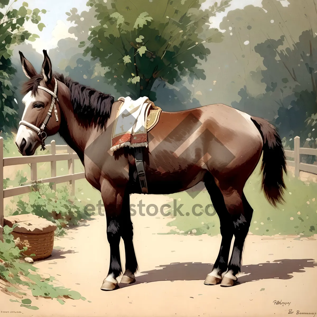 Picture of Majestic thoroughbred stallion with bridle in rural farm setting.