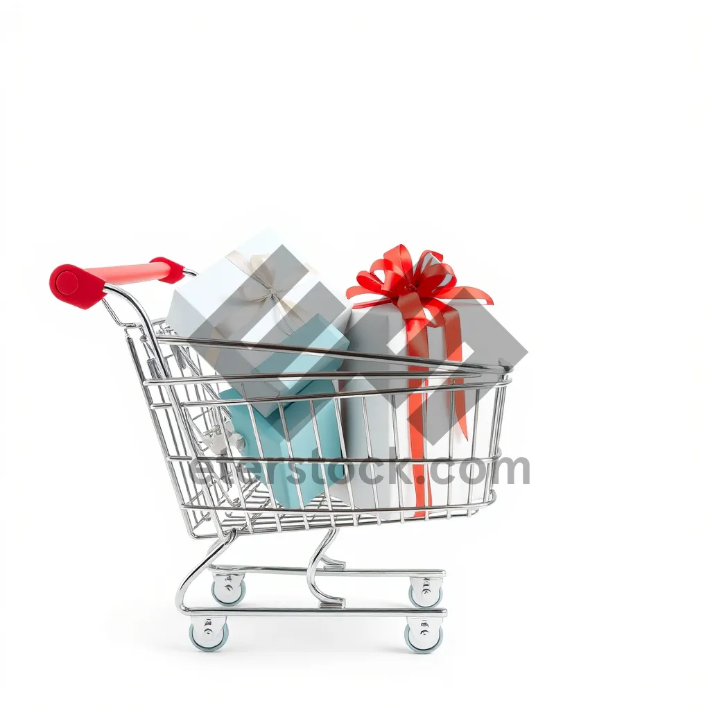 Picture of 3D shopping cart in empty supermarket aisle with wheel