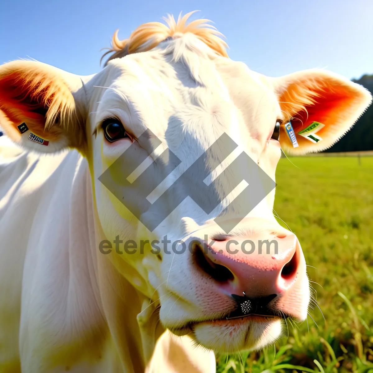 Picture of White Cow Grazing in Rural Ranch