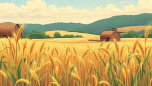 Sunny Yellow Landscape with Wheat Fields and Trees