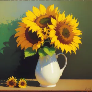 Colorful Sunflower in Yellow Vase under Sunny Sky