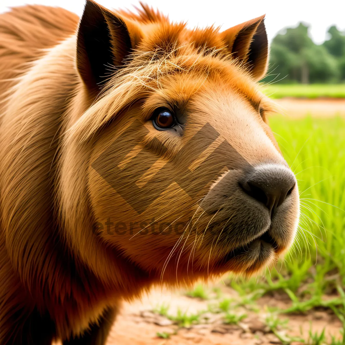 Picture of Adorable Brown Piglet Grazing in Pasture