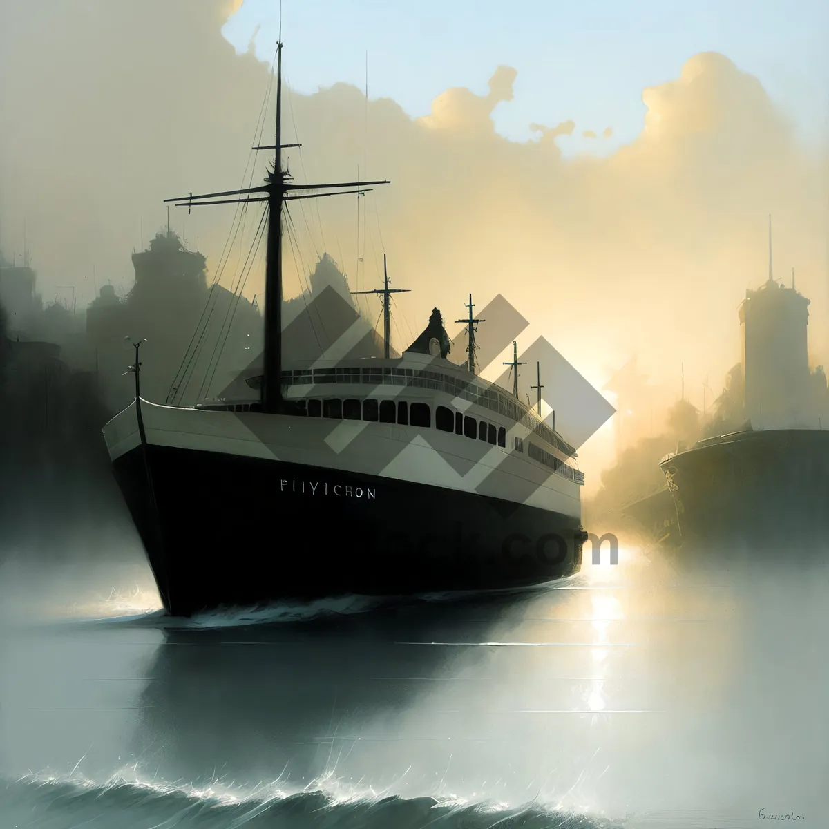 Picture of Ocean liner sailing through vibrant harbor