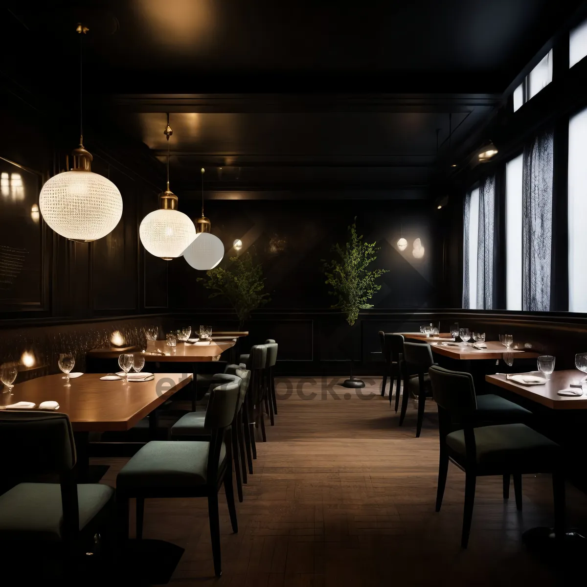 Picture of Modern restaurant interior with stylish design and lighting.