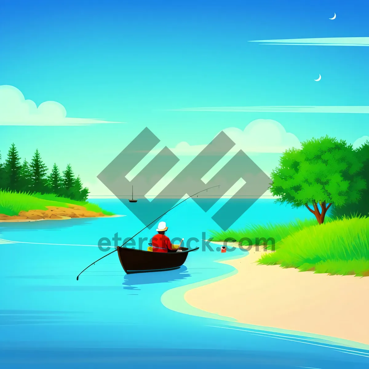 Picture of Serene Summer Landscape with Fisherman and Skies