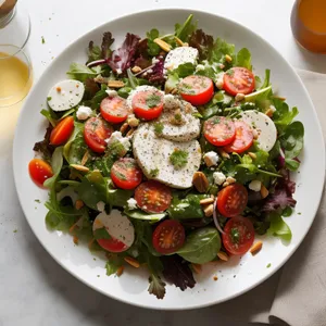 Gourmet vegetable salad on white plate- image description.