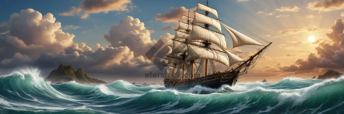 Picture of Antique Pirate Ship Sailing Through Stormy Seas.